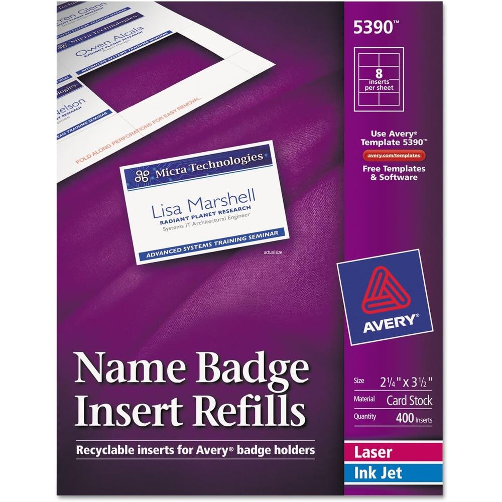 Avery 5390 Insert Badge Refill, Fits 2-1/4-Inch x3-1/2-Inch, 8/Sht, 400 per box